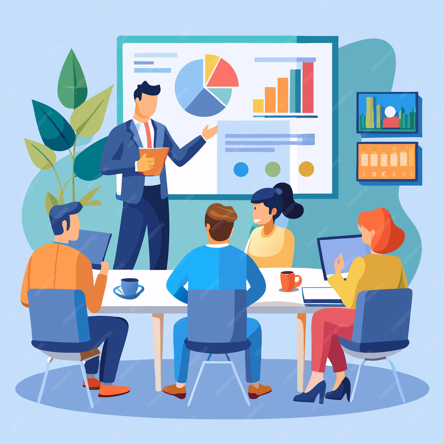 Corporate Digital Marketing Training illustration showing a trainer explaining charts to a team.