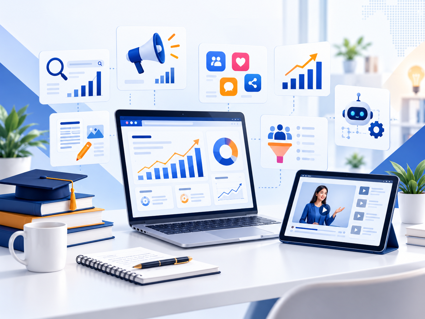 Digital marketing training illustration showing SEO, Google Ads and analytics